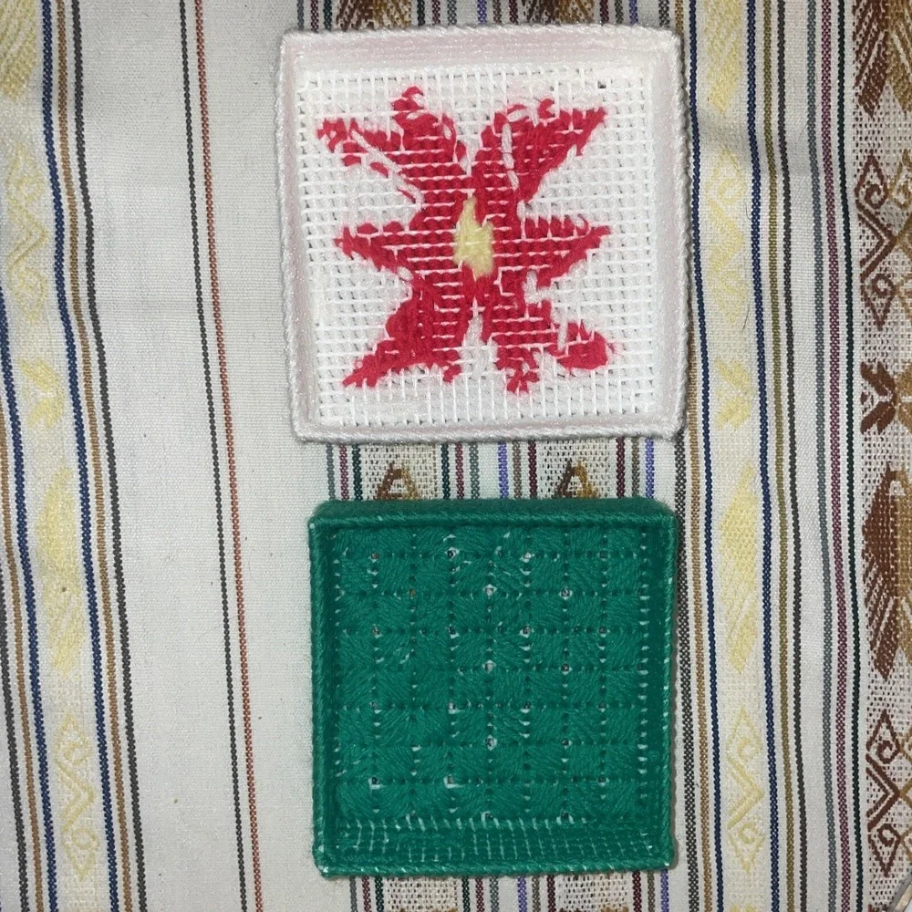 Four Needlepoint On Plastic Coasters With Storage Box‎